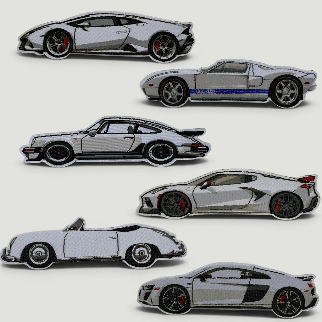 The Frunk Club Torque Patch Bundle features embroidered patches of iconic supercars: Lamborghini, Ford GT, Porsche 911, Corvette C8, Porsche 356, and Audi R8.