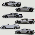The Frunk Club Torque Patch Bundle features embroidered patches of iconic supercars: Lamborghini, Ford GT, Porsche 911, Corvette C8, Porsche 356, and Audi R8.