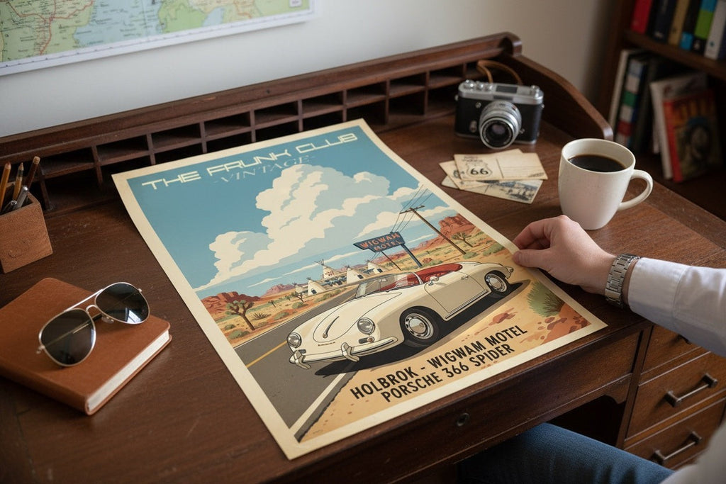 The Frunk Club vintage poster featuring a cream Porsche 356 Spider at Wigwam Motel, Holbrook, Route 66.