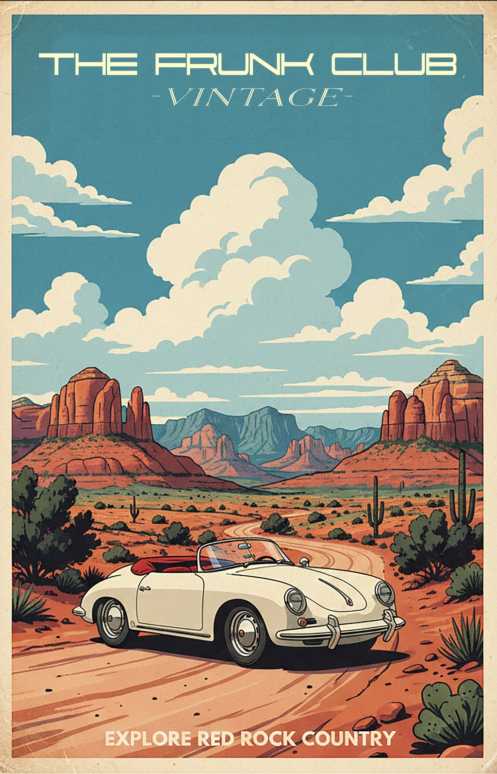 The Frunk Club vintage poster of a white Porsche 356 convertible driving through Sedona's red rock desert.