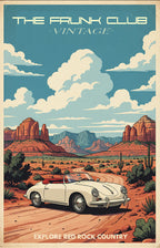 The Frunk Club vintage poster of a white Porsche 356 convertible driving through Sedona's red rock desert.