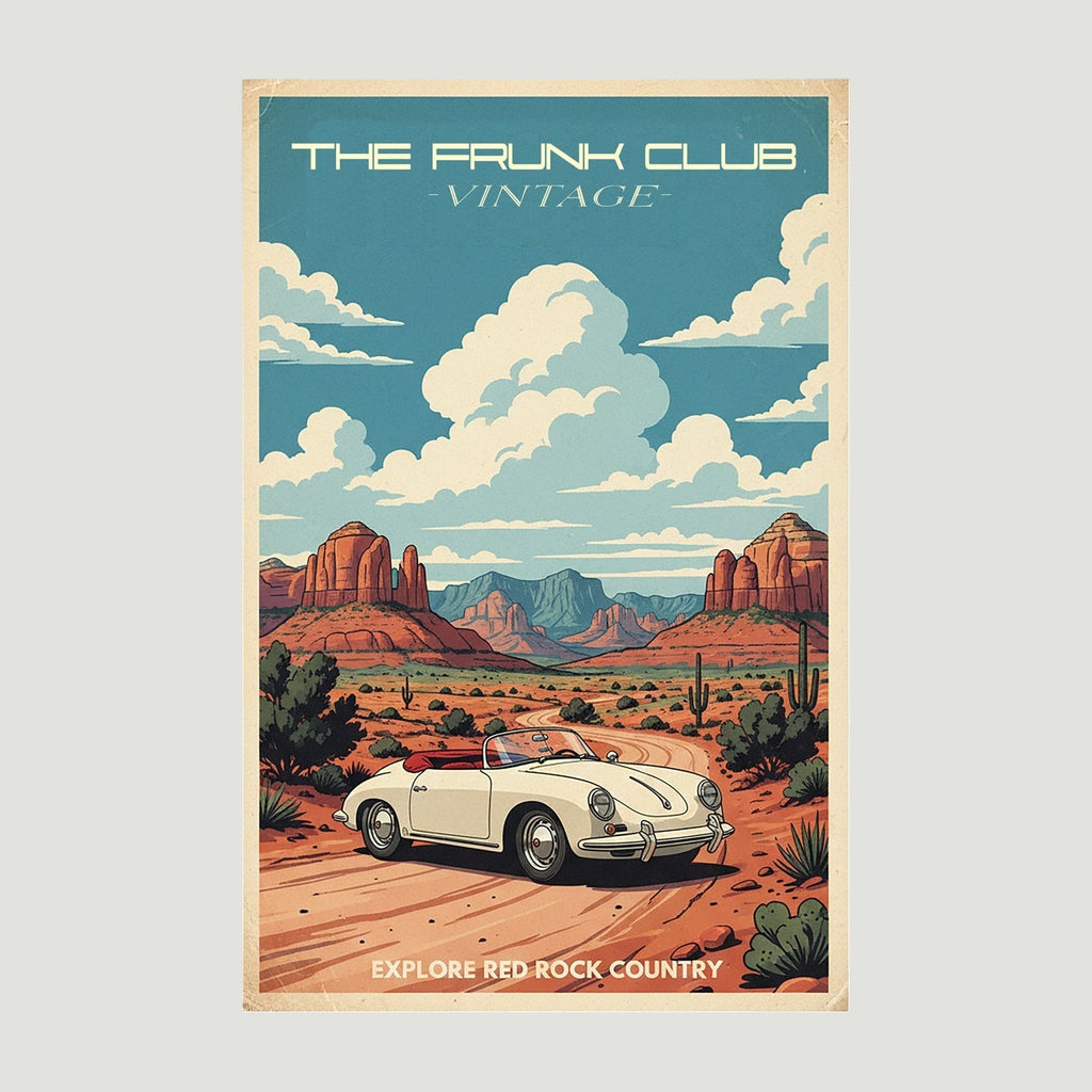 The Frunk Club vintage style poster featuring a white Porsche 356 convertible driving through Sedona's red rock desert landscape.