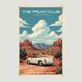 The Frunk Club vintage style poster featuring a white Porsche 356 convertible driving through Sedona's red rock desert landscape.