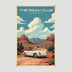 The Frunk Club vintage style poster featuring a white Porsche 356 convertible driving through Sedona's red rock desert landscape.