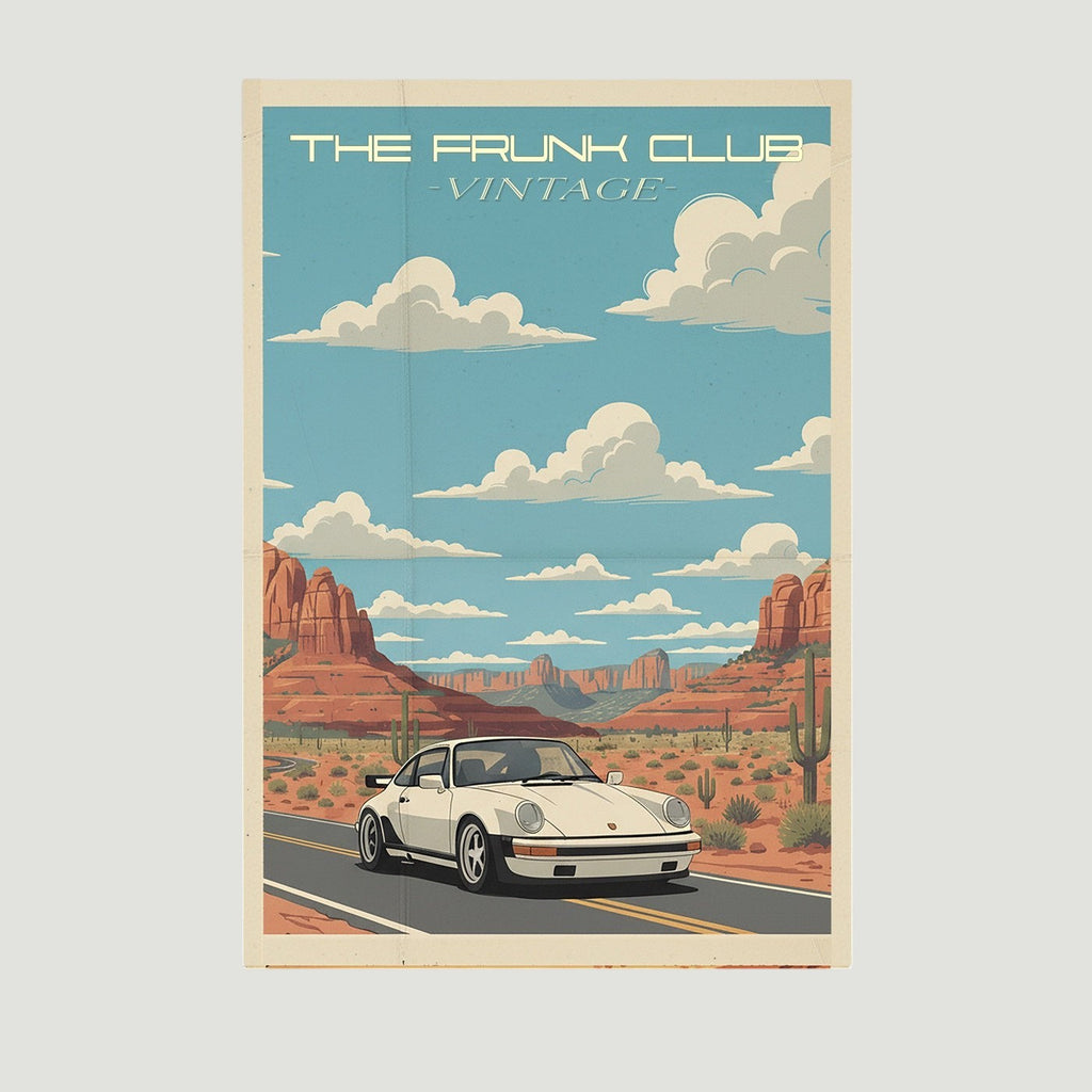 The Frunk Club vintage style poster featuring a white Porsche 930 driving through a desert landscape with red rock formations and cacti.