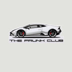 The Frunk Club white Lamborghini Huracan sticker with red brake calipers and black lettering.