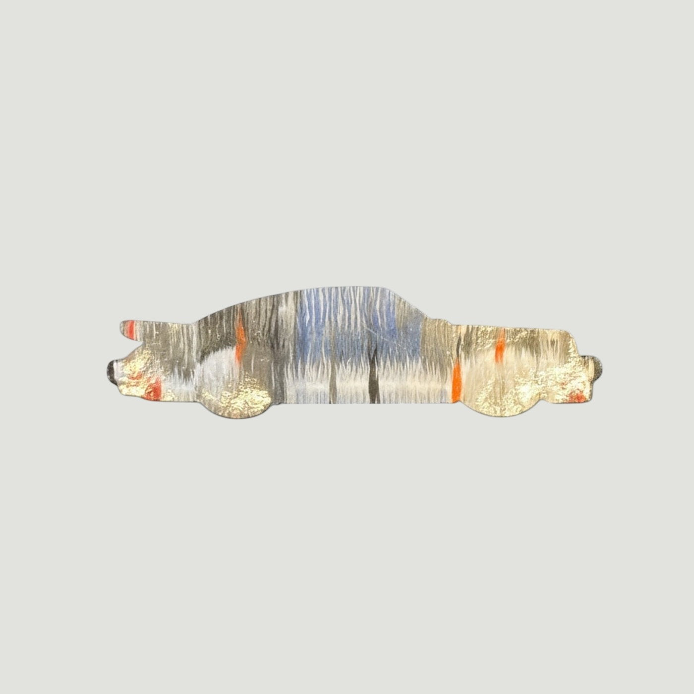 The Frunk Club woven patch in a car silhouette with abstract grey, blue, and orange design.